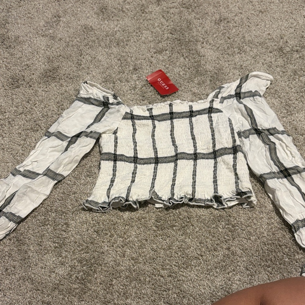 Guess Off-Shoulder Plaid Blouse - White and Gray